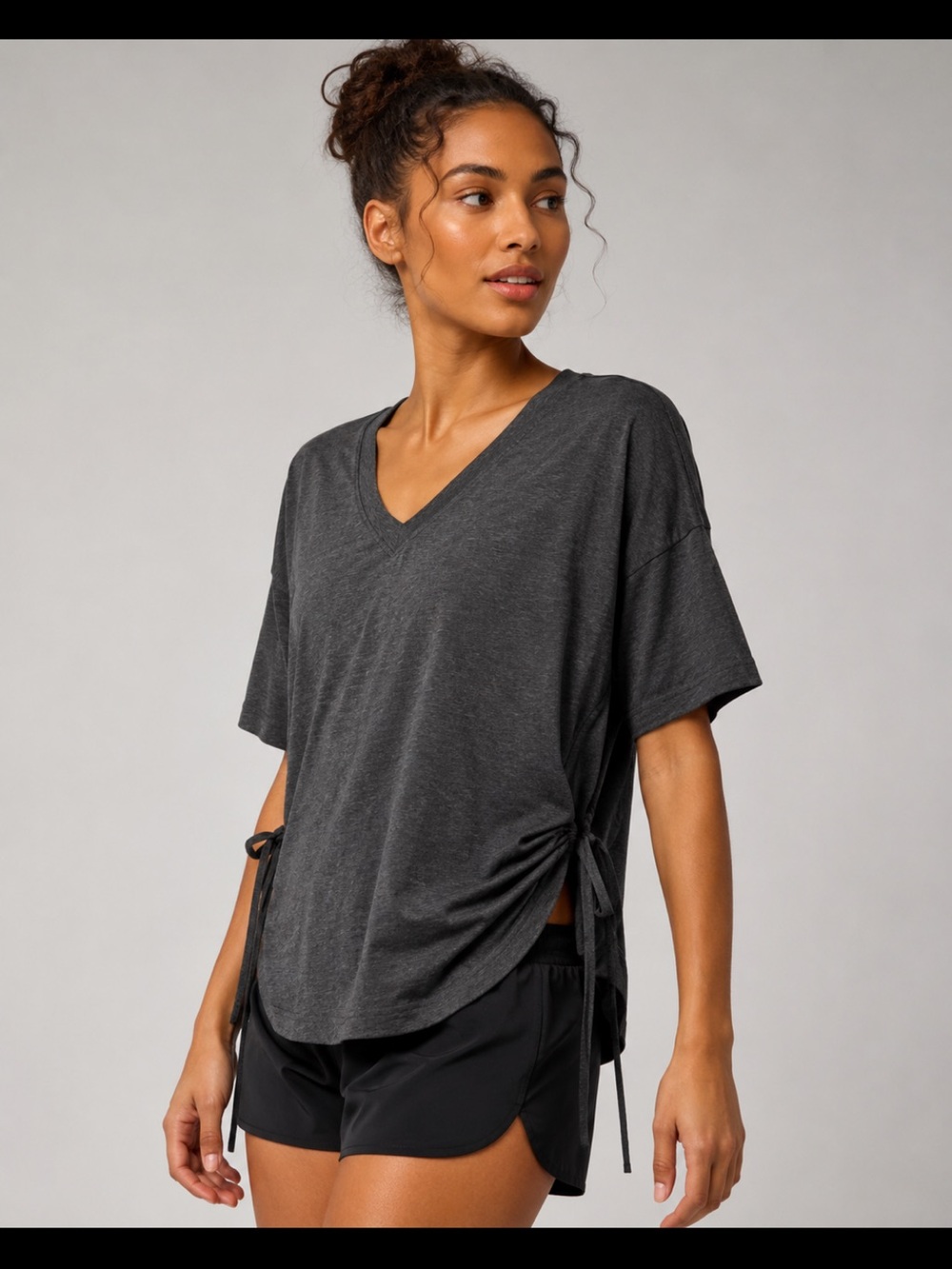#386 Lululemon Side Tie V-Neck Tee Heathered Black Size 4 NWT